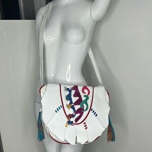 1980’s White Leather Multicolor Snakeskin Color Block Flap Ziptop Crossbody Bag
